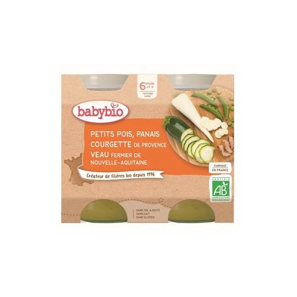 BABYBIO PETITS POTS MENU +6 Mois Petits Pois Panais Courgette Veau - 2x200g