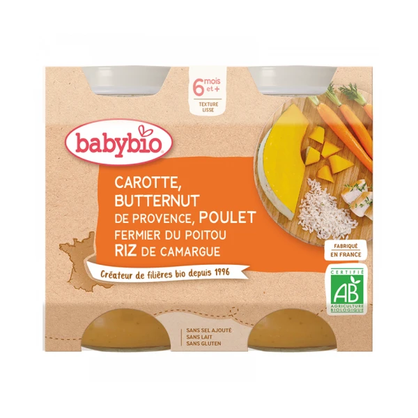 Carotte Butternut de Notre Ferme Poulet Fermier du Poitou Riz de Camargue Dès 6 Mois 2 x 200 g