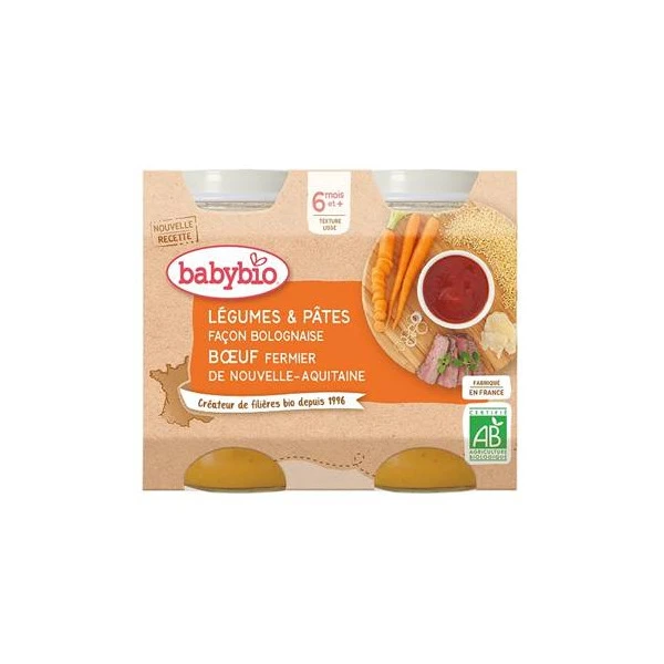 BABYBIO PETITS POTS MENU +6 Mois Legumes Pates Bolognaise - 2x200g