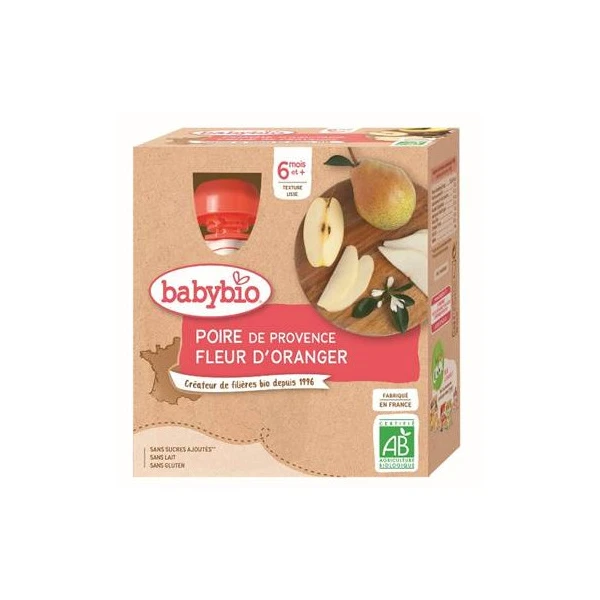 BABYBIO GOURDES FRUITS + 6 Mois Poire Fleur d'Oranger - 4x90g