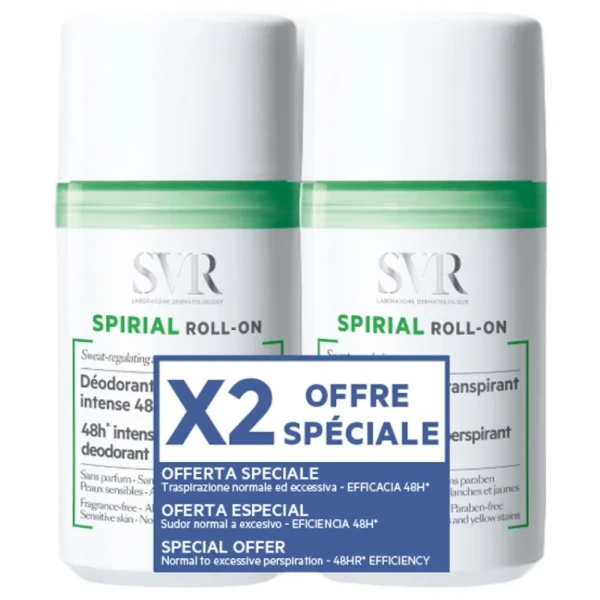 Spirial Déodorant Anti Transpirant Roll on Transpiration Normale à Excessive Lot de 2 X 50 ml