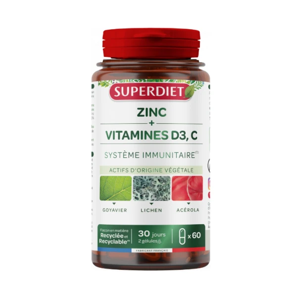 Superdiet Zinc + Vitamines D3 et C Système Immunitaire 60 gélules