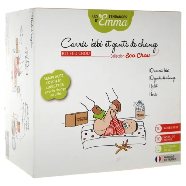 Collection Kit Eco Chou Carrés Bébé et Gants de Change Lavables Coton Bio Biface