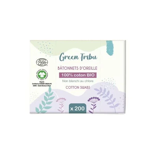 GREEN TRIBU Batonnets d'Oreille 100% Coton BIO - 200 Coton-Tiges