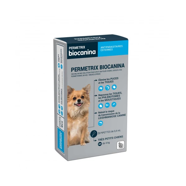 Biocanina Antiparasitaire externe Solution pour spot-on pour tres petits chiens jusque 4 kg Permetrix 3 pipettes