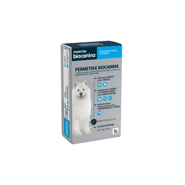Biocanina Antiparasitaire externe Solution pour spot-on pour chiens moyens de 10 kg a 25 kg Permetrix 3 pipettes