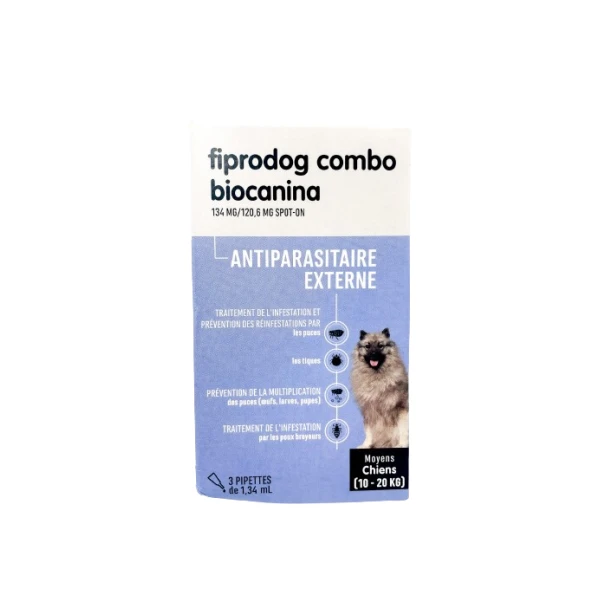 BIOCANINA FIPRODOG COMBO Antiparasitaire Externe Chiens Moyens 10-20kg - 3 Pipettes de 1.34ml