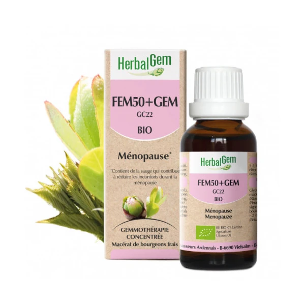 Fem50+Gem Bio Atténue Les Désagréments de la Ménopause Complexe de Gemmothérapie Concentrée 30 ml
