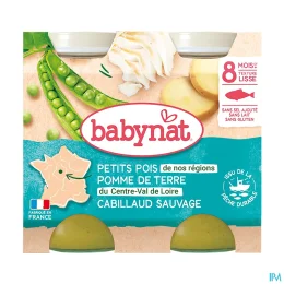 BABYBIO PETITS POTS MENU +8 Mois Petits Pois Pomme de Terre Cabillaud - 2x200g
