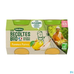 BLEDINA LES RECOLTES Pommes Poires Bebe des 4/6 Mois BIO - 2x130g