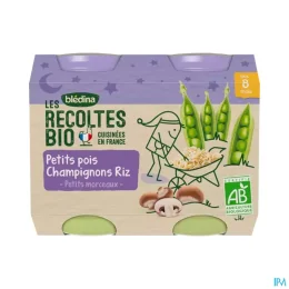 Blédina Plat Bébé Nuit Petit Pois Champignons Riz Bio 2x200g Les Recoltes Bio Dès 8 mois Bledina