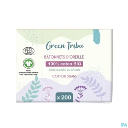 GREEN TRIBU Batonnets d'Oreille 100% Coton BIO - 200 Coton-Tiges