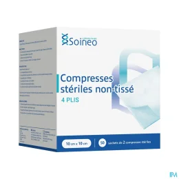 Soineo Compresses stériles non-tissé 4 plis 10x10cm x50 sachets de 2