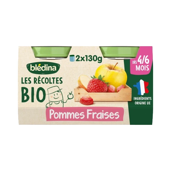 BLEDINA LES RECOLTES Pomme Fraises Bebe des 4/6 Mois BIO - 2x130g