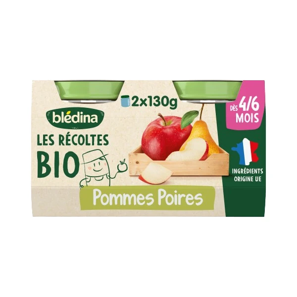 BLEDINA LES RECOLTES Pommes Poires Bebe des 4/6 Mois BIO - 2x130g