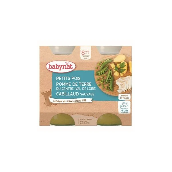 BABYBIO PETITS POTS MENU +8 Mois Petits Pois Pomme de Terre Cabillaud - 2x200g