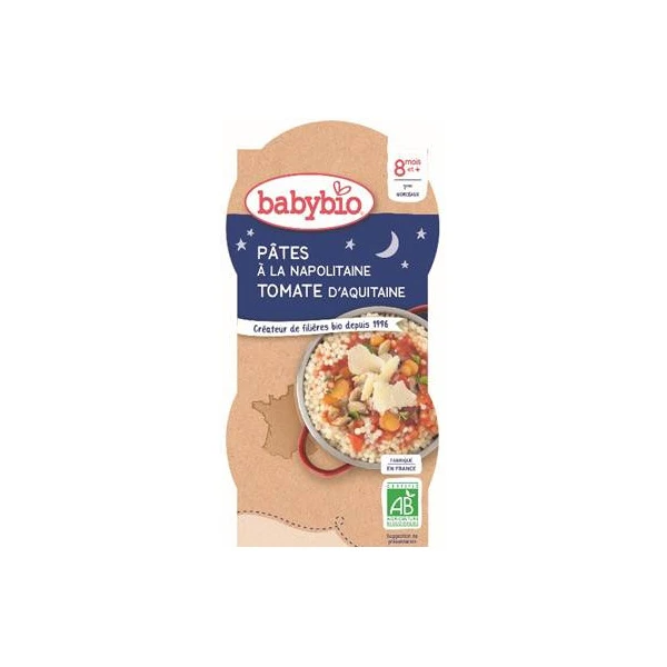 BABYBIO BOLS BONNE NUIT + 8 Mois Pates a la Napolitaine Tomate - 2x200g