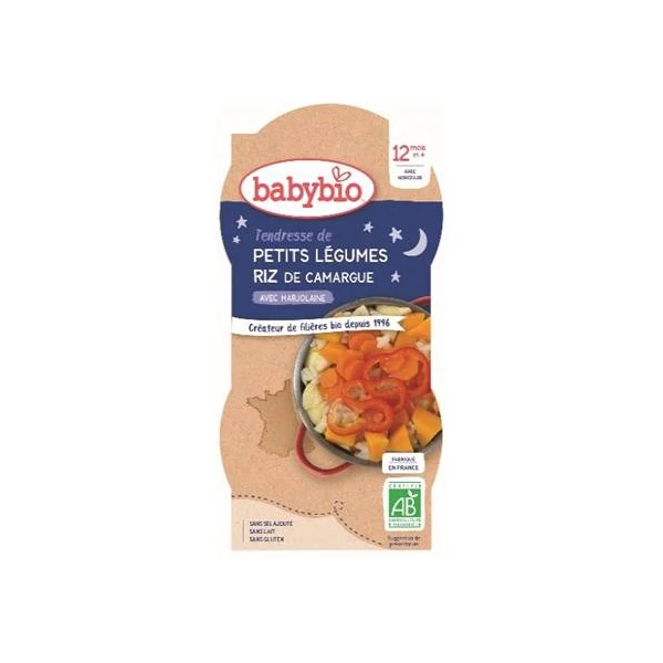 BABYBIO BOLS BONNE NUIT + 12 Mois Petits Legumes Riz - 2x200g