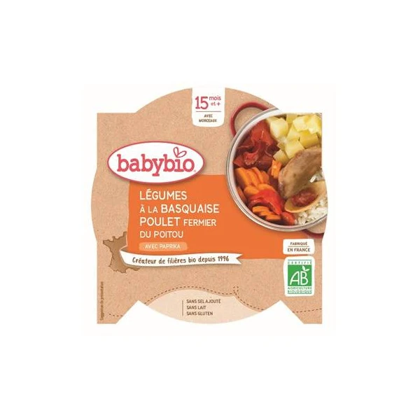 BABYBIO ASSIETTE MENU DU JOUR + 15 Mois Legumes Basquaise Poulet - 260g