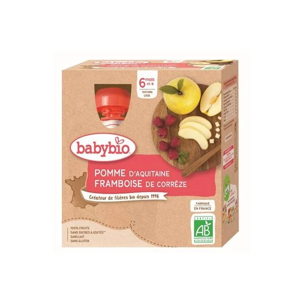 BABYBIO GOURDES FRUITS + 6 Mois Pomme Framboise - 4x90g