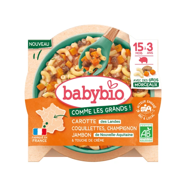BABYBIO ASSIETTE Coquillettes, carotte, champignon, jambon + 15 MOIS a 13 ANS Legumes Du Soleil - 200g