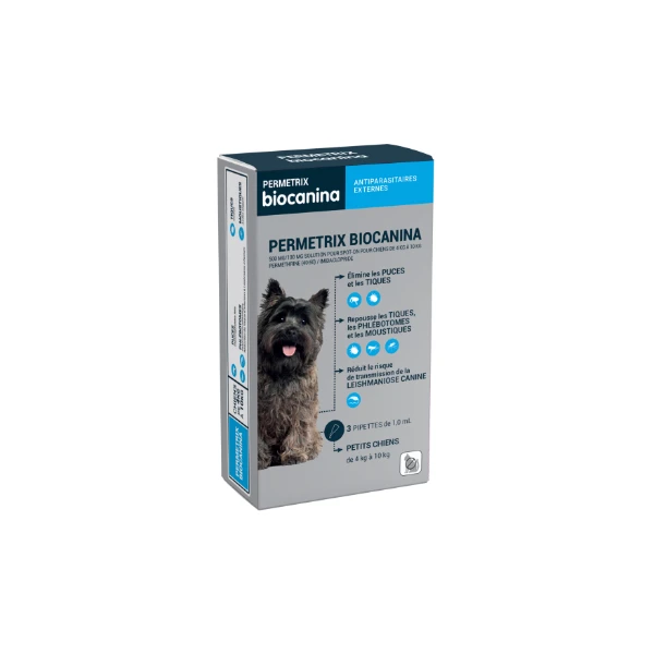 Biocanina Antiparasitaire externe Solution pour spot-on pour petits chiens de 4 kg a 10 kg Permetrix 3 pipettes