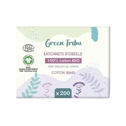 GREEN TRIBU Batonnets d'Oreille 100% Coton BIO - 200 Coton-Tiges