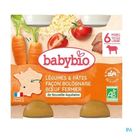 BABYBIO PETITS POTS MENU +6 Mois Legumes Pates Bolognaise - 2x200g