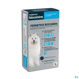 Biocanina Antiparasitaire externe Solution pour spot-on pour chiens moyens de 10 kg a 25 kg Permetrix 3 pipettes