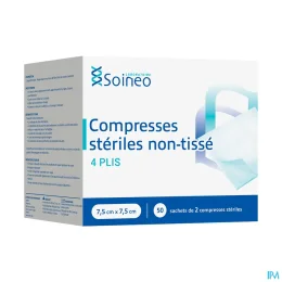 Soineo Compresses stériles non-tissé 4 plis 7,5x7,5cm x50 sachets de 2