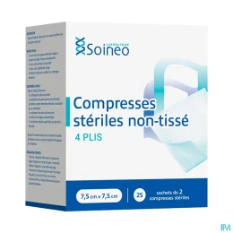 Soineo Compresses stériles non-tissé 7,5x7,5cm x25 pochettes de 2 compresses