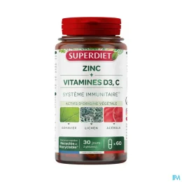 Superdiet Zinc + Vitamines D3 et C Système Immunitaire 60 gélules